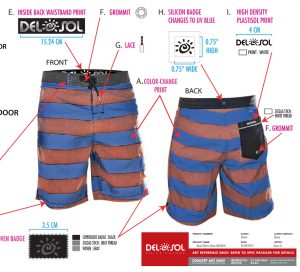 Striped shorts tech pack including color change callouts, brand elements, and product render.